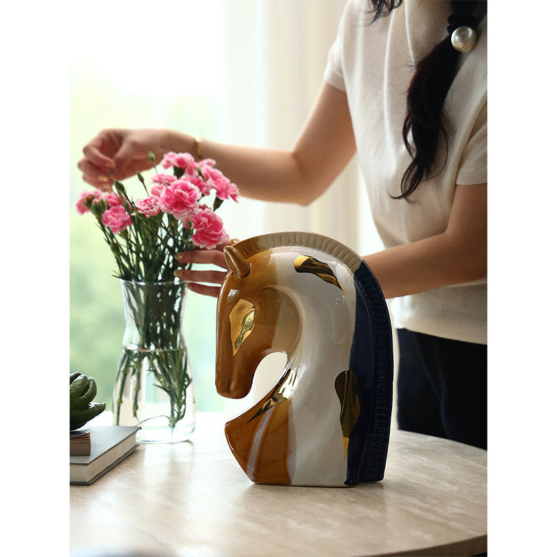 Ceramic Horse Head Sculpture with Gold Detail, Modern Artistic Tabletop Figurine for Living Room, Entryway, TV Console, Office Desk or Bookshelf Decor