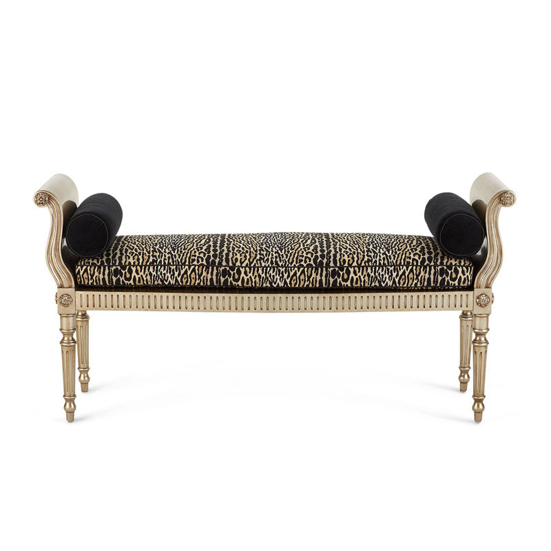Animal Print End of Bed Bench, French Style Upholstered Bedroom Bench with Bolster Pillows, Distressed Gold Solid Wood Entryway Shoe Bench, Vanity Bench, Living Room Accent Bench