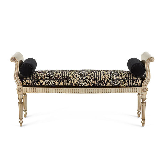 Animal Print End of Bed Bench, French Style Upholstered Bedroom Bench with Bolster Pillows, Distressed Gold Solid Wood Entryway Shoe Bench, Vanity Bench, Living Room Accent Bench