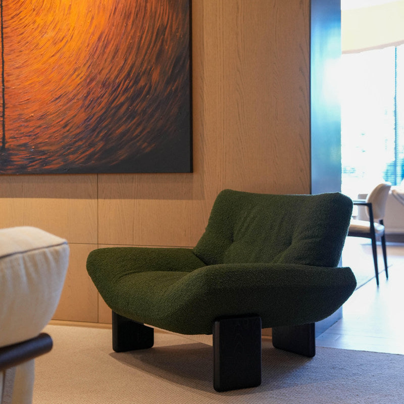 Green Boucle Accent Chair with Ash Wood Legs, Modern Lounge Armchair