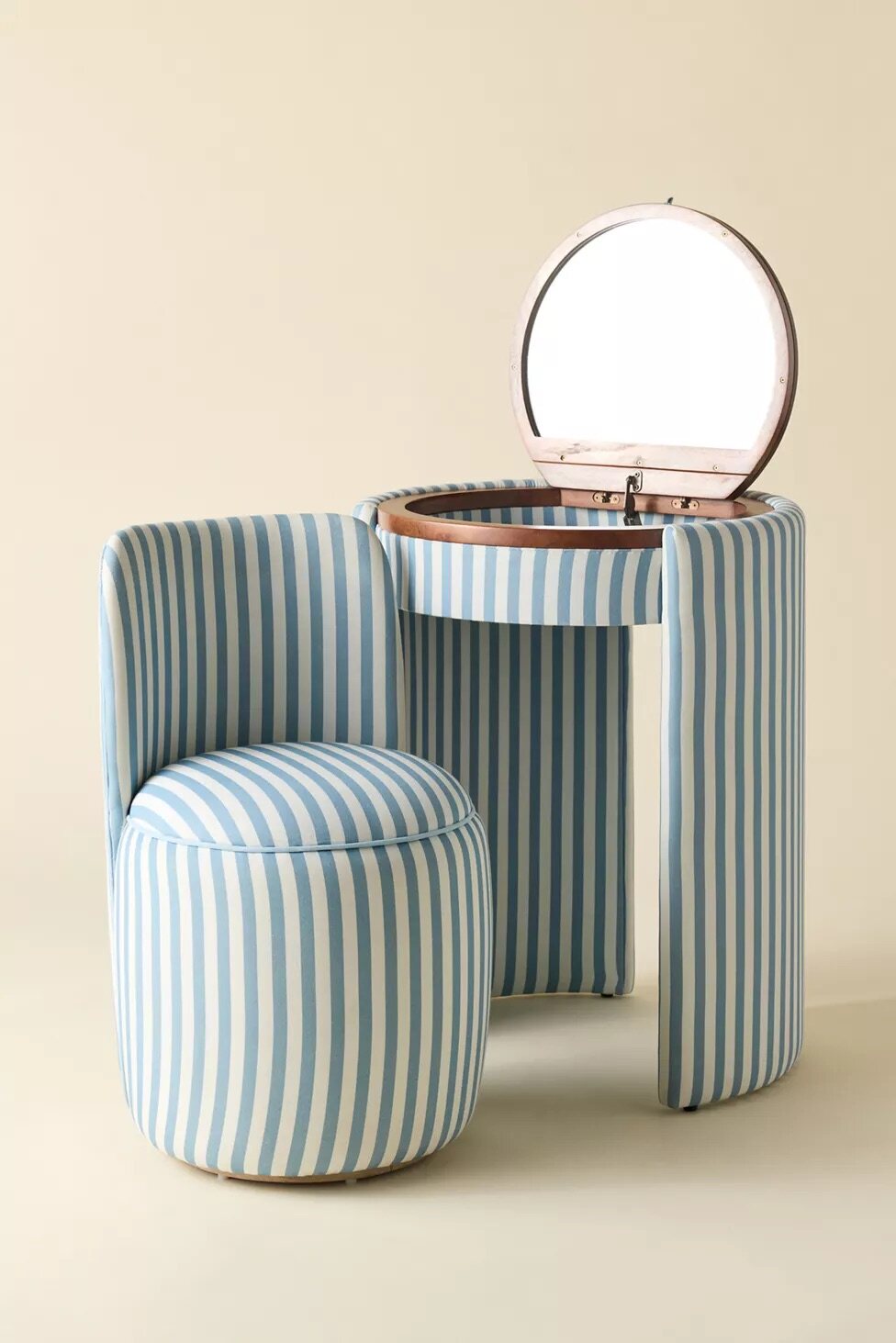 Blue and White Stripe Makeup Vanity Set with Mirror and Nesting Stool