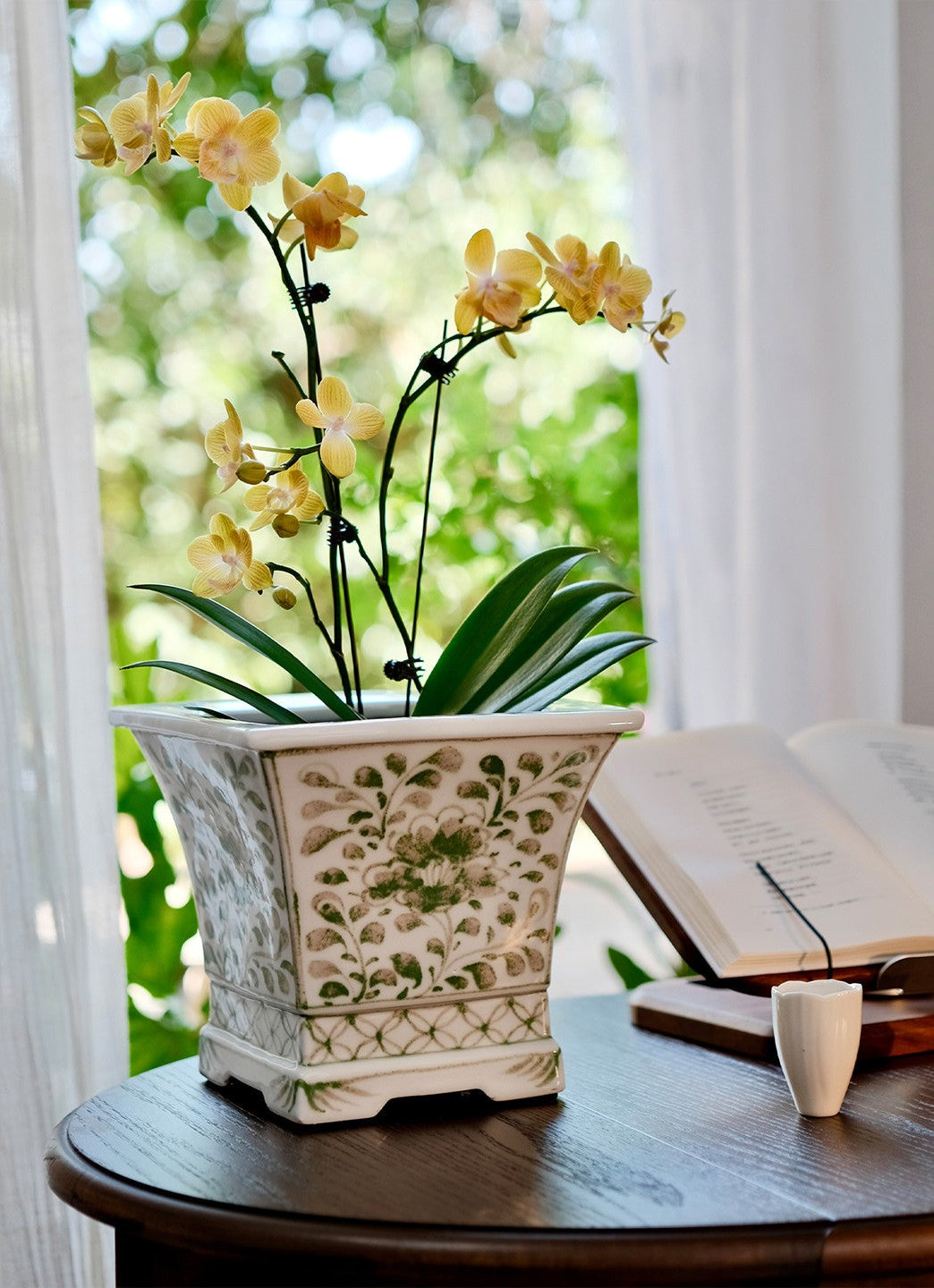 Green Floral Ceramic Planter, Square Decorative Flower Pot for Tabletop