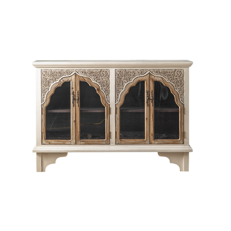 Ivory Carved 4-Door Display Cabinet with Glass Panels and Shelves