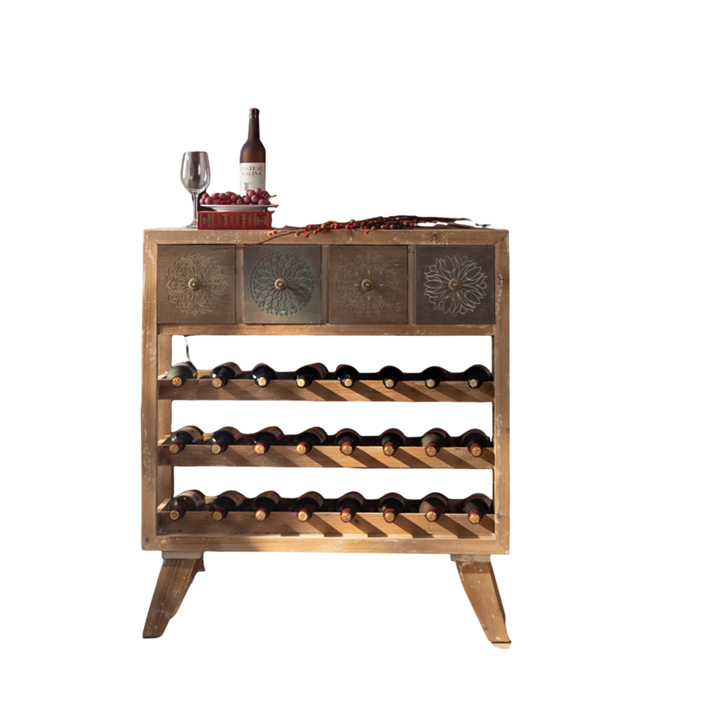 Freestanding Wood Wine Rack with 4 Drawers, 24-Bottle Floor Storage Cabinet