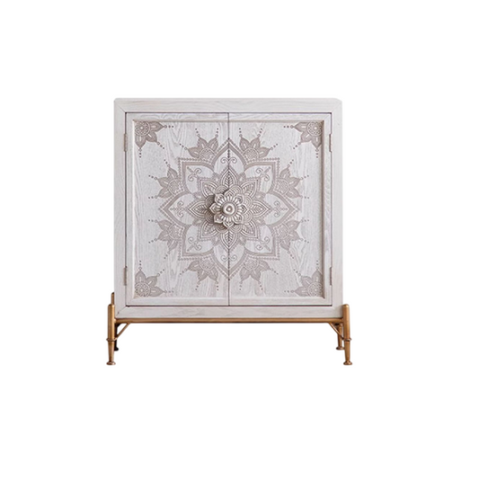 White Mandala Accent Cabinet, Cream Carved 2 Door Storage Cabinet with Gold Legs, Vintage Entryway Cabinet, Small Sideboard, Living Room Credenza and Hallway Console