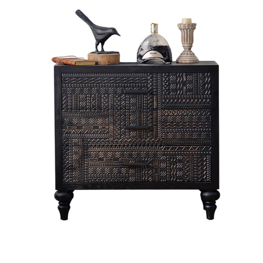 Black Carved Chest of Drawers, Geometric Wood Storage Cabinet