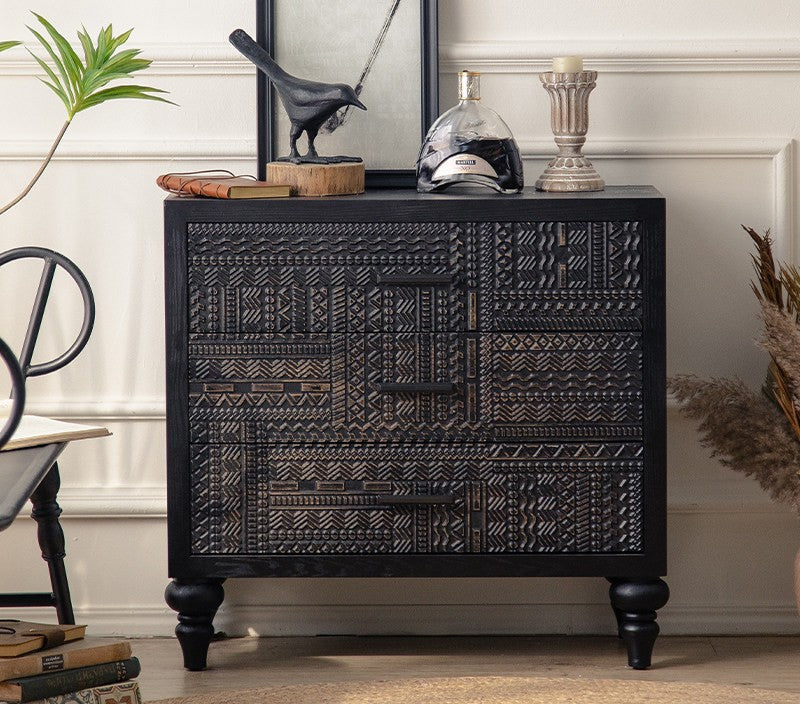 Black Carved Chest of Drawers, Geometric Wood Storage Cabinet