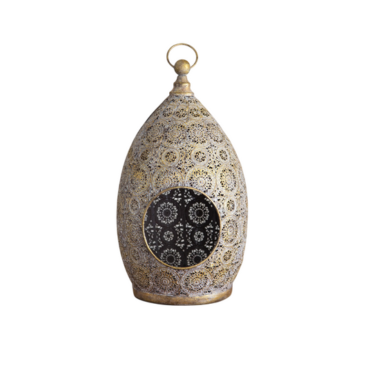 Vintage Metal Lantern Candle Holder with Pierced Filigree, Antique Gold