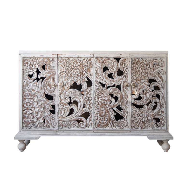 Distressed White Carved Wood Sideboard with 4 Doors, Floral Storage Cabinet