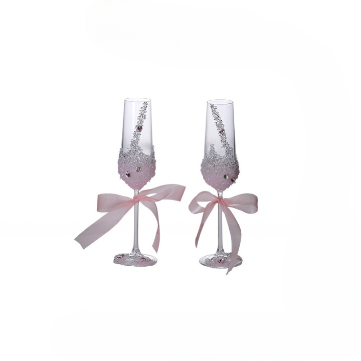 Pink Rhinestone Champagne Flutes with Bow, Decorative Glass Set of 2