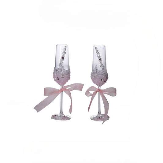 Pink Rhinestone Champagne Flutes with Bow, Decorative Glass Set of 2