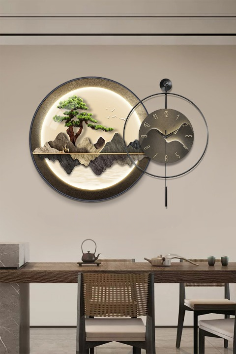 Modern Mountain Wall Clock 28 Inch, 3D Landscape Wall Art with Tree