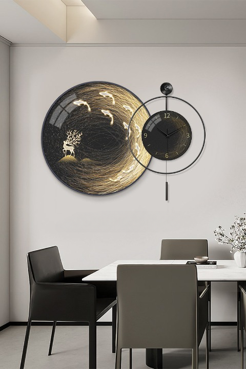 Modern Koi Fish Wall Clock 28 Inch, LED Lighted Black Gold Wall Art