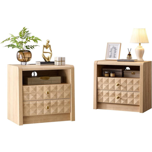 Natural Wood Finish Nightstand Set of 2 with 2 Drawers and Open Shelf