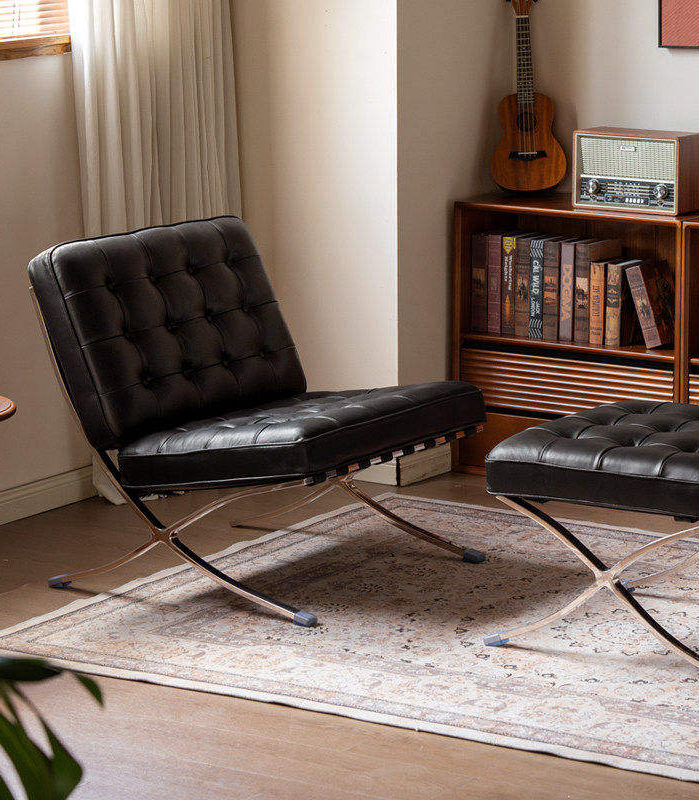 Black Genuine Leather Lounge Chair with Stainless Steel Frame