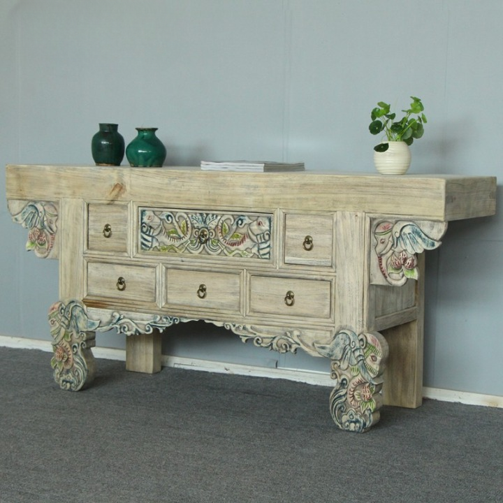 Hand-Painted Solid Wood Console Table, Distressed Entryway Cabinet with 6 Drawers, Carved Floral Details and Ring Pulls, Decorative Storage Table for Foyer, Living Room or Dining Room