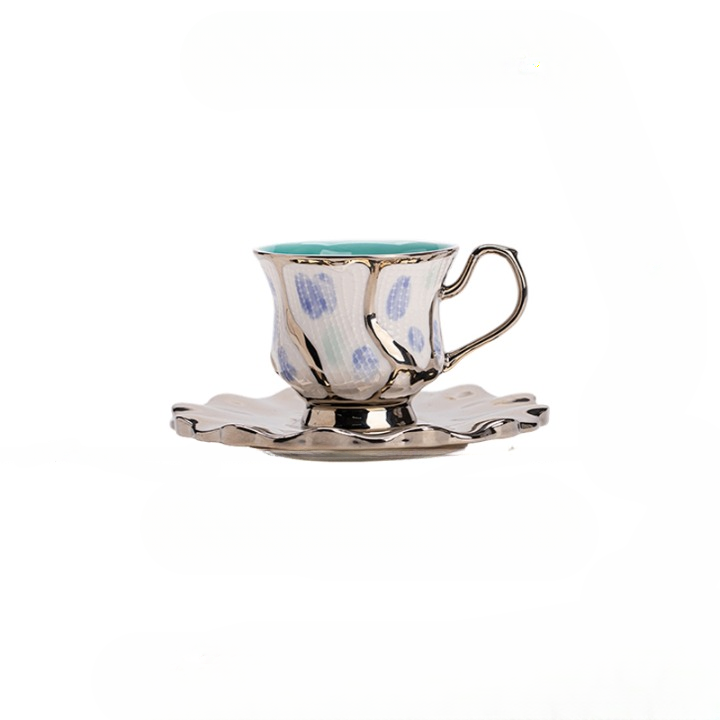 Metallic Ceramic Coffee Cup and Saucer Set, Sculpted Tea Cup