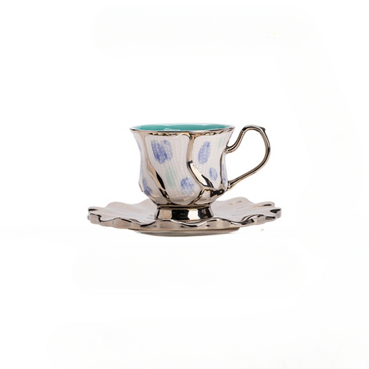 Metallic Ceramic Coffee Cup and Saucer Set, Sculpted Tea Cup