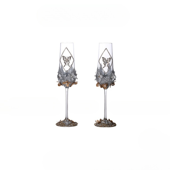 Set of 2 Rhinestone Butterfly Champagne Flutes, 8.8 oz Glasses