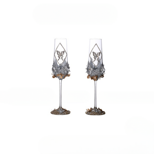 Set of 2 Rhinestone Butterfly Champagne Flutes, 8.8 oz Glasses