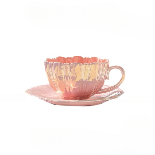 Pearlescent Glass Coffee Cup and Saucer Set, 13 oz Iridescent Tea Cup