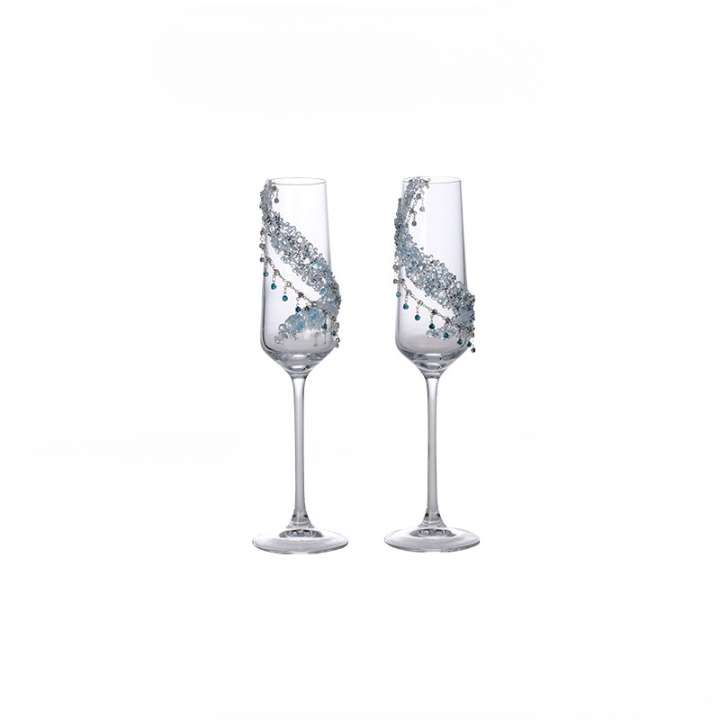 Blue Rhinestone Champagne Flutes with Pendants, Glass Set of 2