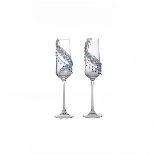 Blue Rhinestone Champagne Flutes with Pendants, Glass Set of 2