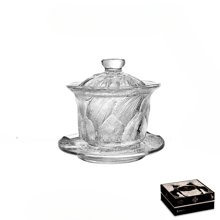 Textured Glass Gaiwan Tea Cup with Lid and Saucer, 5.3 oz