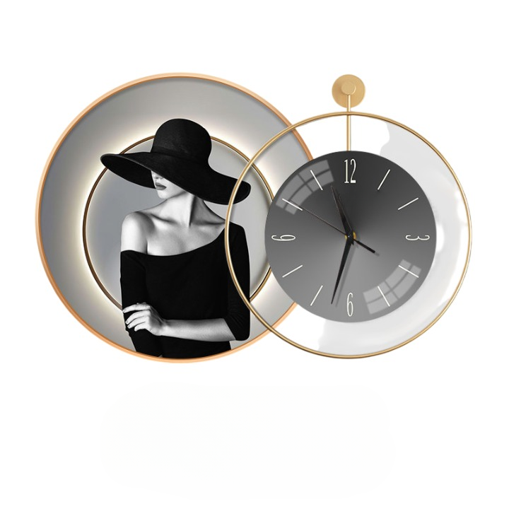 Modern Fashion Wall Clock 31 Inch, Black Gold Woman Portrait Wall Art