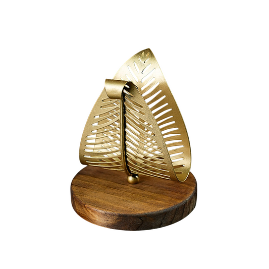 Antique Gold Leaf Napkin Holder with Round Wood Base, 5.7 Inch