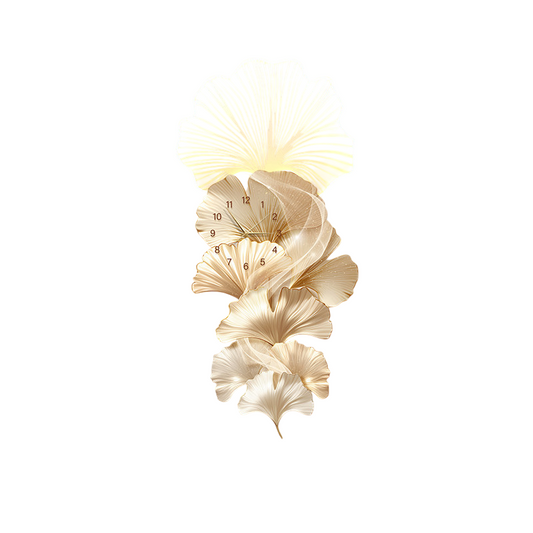 Modern Ginkgo Leaf Wall Clock 19 x 39 Inch, 3D LED Lighted Gold Wall Art