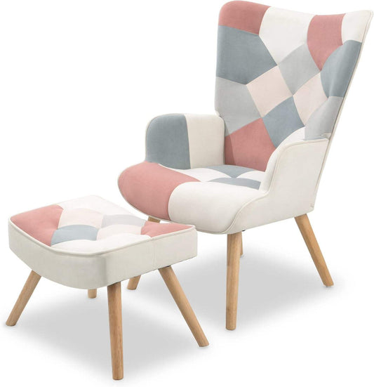 Pink Gray Patchwork Accent Chair with Ottoman Set