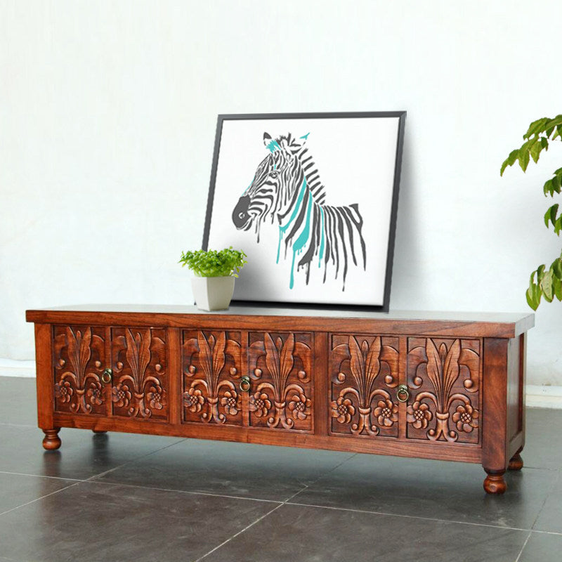 Solid Elm Wood TV Stand, 6-Door Carved Media Console