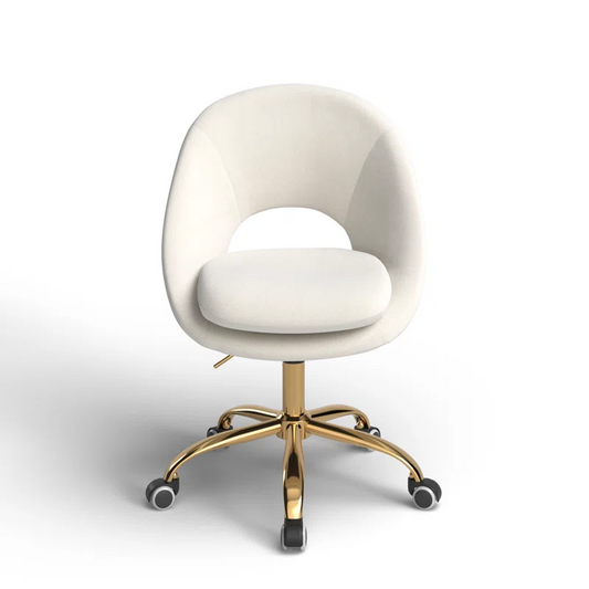 Ivory Velvet Adjustable Swivel Desk Chair with Gold Wheels