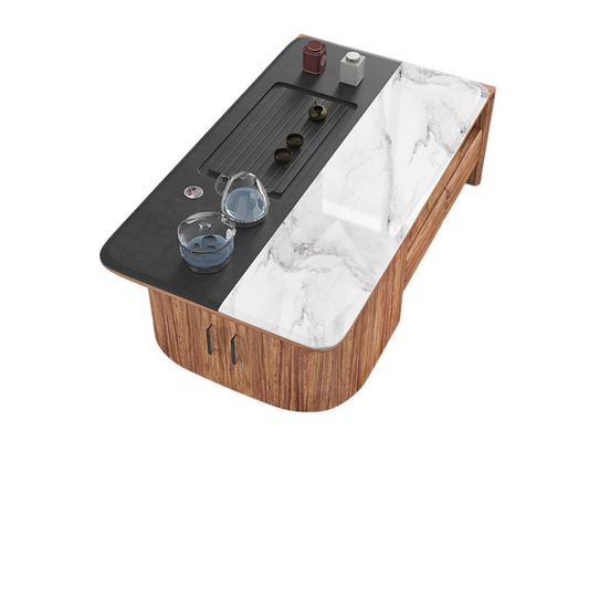 Solid Wood Tea Table with Marble Top and Built-In Tea Tray