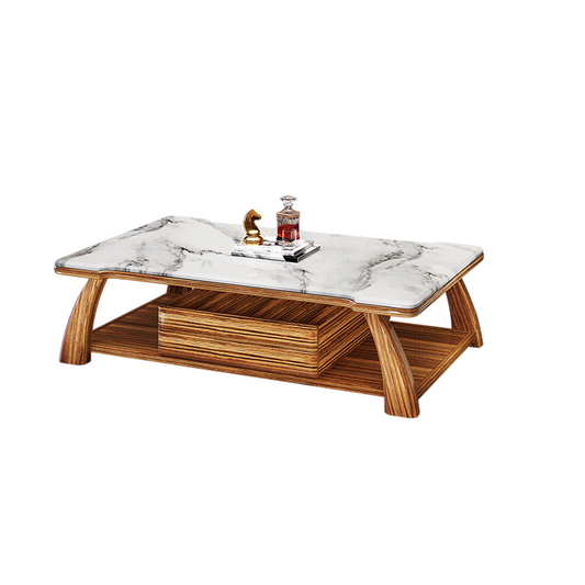 Solid Zingana Wood Coffee Table with Natural Marble Top, Modern Rectangular Center Table with Open Shelf Storage, Luxury Living Room Cocktail Table
