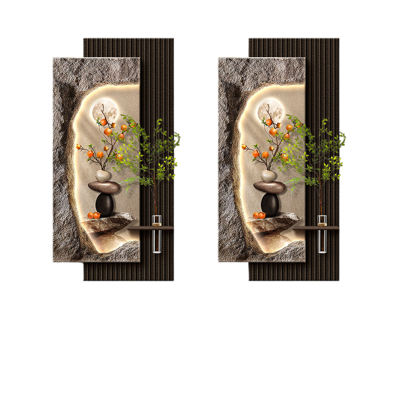 Modern Lighted Persimmon Wall Art 20 x 39 Inch, 3D Textured Botanical Wall Decor