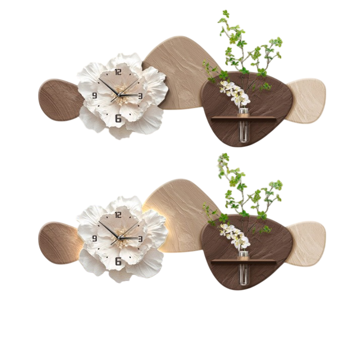 Modern Floral Wall Clock 39 x 15 Inch, 3D Flower Wall Art with Vase and LED Light