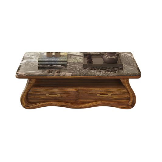 Wenge Wood Coffee Table with Guangxi Marble Top and 2 Drawers