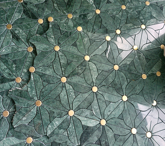 Luxury Green Marble Mosaic Tile Floral Waterjet Stone Mosaic Backsplash Tile Decorative Bathroom Kitchen Wall Floor Tile for Hotel Spa Shower Accent Wall
