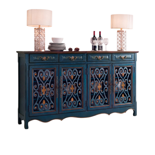 Distressed Blue Sideboard Cabinet, 4 Door Wood Buffet Credenza with Drawers, Crackle Finish Storage Cabinet for Living Room, Dining Room, Entryway and Hallway