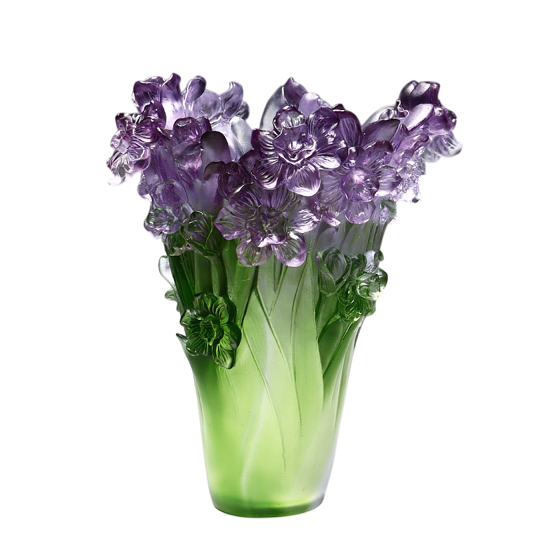 Purple Art Glass Daffodil Vase with Sculpted Flowers, Green Decorative Vase