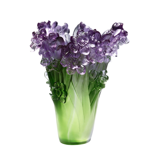 Purple Art Glass Daffodil Vase with Sculpted Flowers, Green Decorative Vase