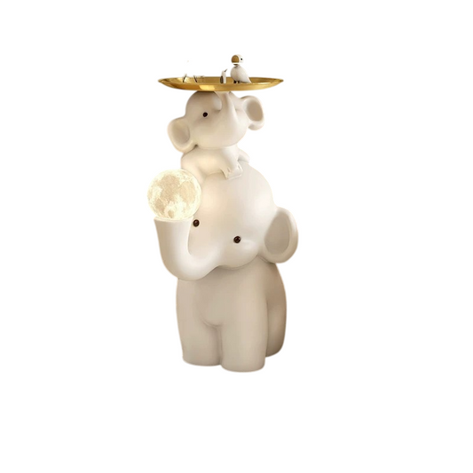 Cream White Resin Parent and Baby Elephant Side Table with Gold Alloy Tray and 3-Color Dimmable Moon Globe Night Light for Living Room, Bedroom, Nursery and Sofa Side