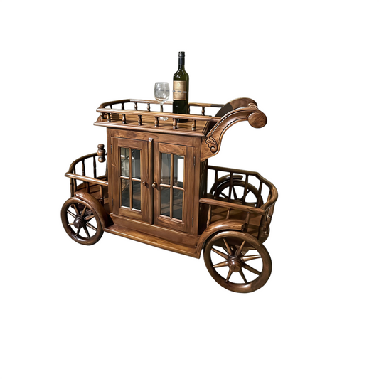 Solid Teak Rolling Bar Cart with Glass Cabinet and Bottle Racks