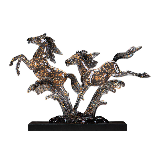 Transparent Gray Resin Double Horse Sculpture, Gold Flake Running Horses Figurine on Wooden Display Base for Office Desk, Living Room, Entryway, Business Opening or Housewarming Gift