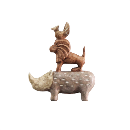 Rustic Brown Resin Stacked Animal Figurine, Rhino Lion and Bird Totem Sculpture, Wabi-Sabi Wildlife Tabletop Décor for Living Room, Entryway, Bookshelf, Office and Bedroom