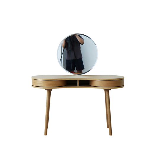 Natural Oak-Finish Wood Vanity Desk with Round Mirror, Mid-Century Modern Kidney-Shaped Makeup Dressing Table with 2 Curved Storage Drawers and Center Shelf for Bedroom