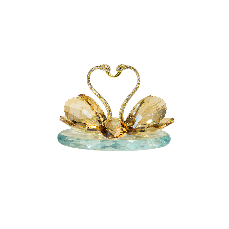 Champagne Crystal Swan Couple Figurine, Gold Heart Tabletop Sculpture