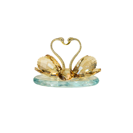 Champagne Crystal Swan Couple Figurine, Gold Heart Tabletop Sculpture